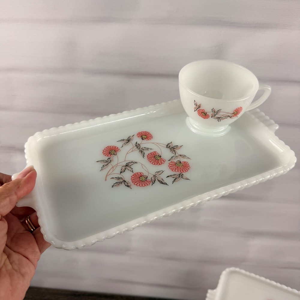 Fire-King Fleurette Milk Glass Snack Set 8 Trays Cups Pink Floral - Picture 2 of 11